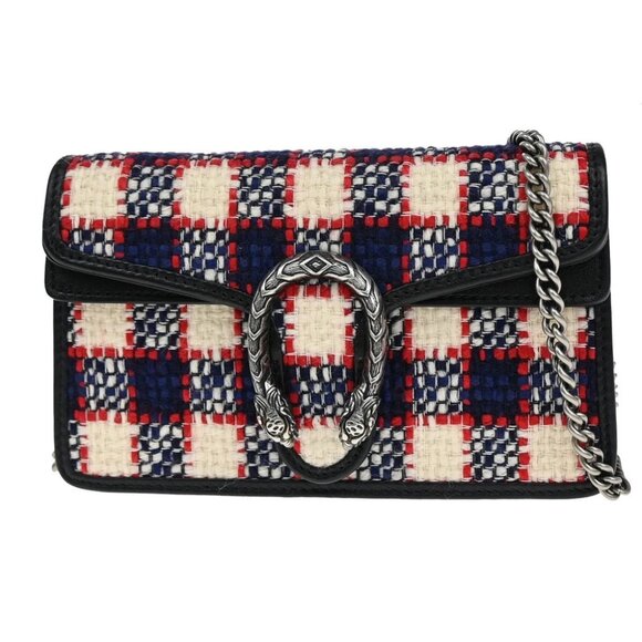 GUCCI GG Dionysus Tweed Chain Mini 2Way Shoulder Clutch Bag Leather BK - Picture 1 of 14